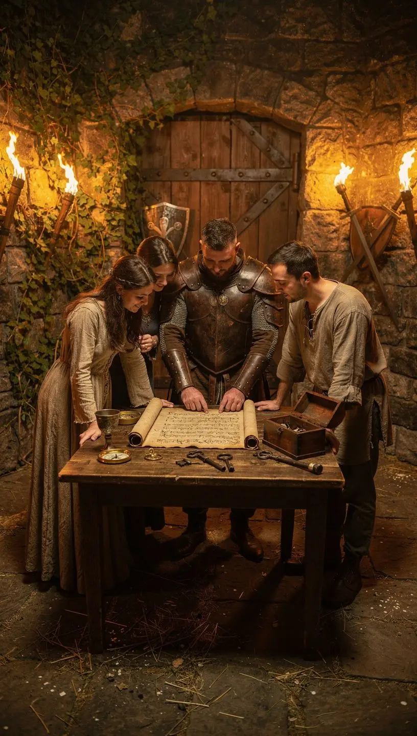 Teams solving puzzles in immersive escape room scenario