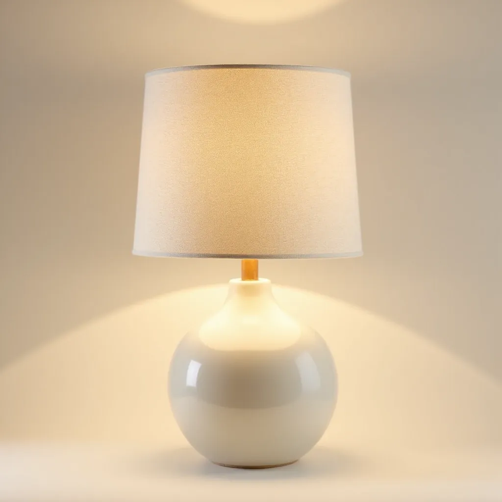 Cream-colored ceramic table lamp with natural linen shade on wooden surface