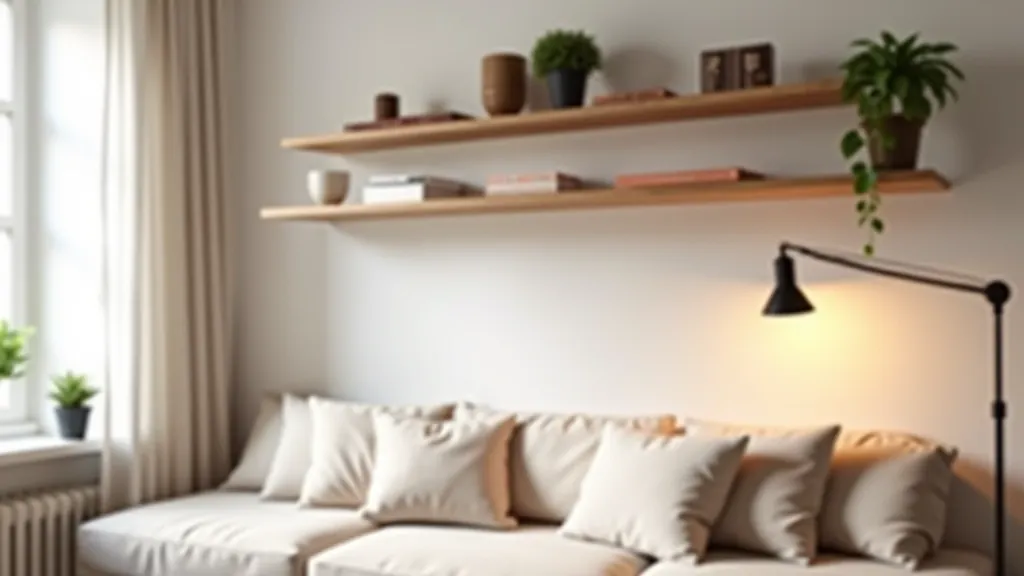 Beautifully designed apartment interior with floating shelves and warm lighting fixtures
