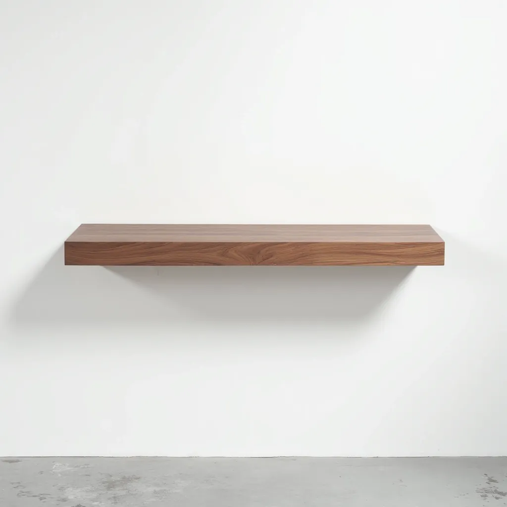 Walnut-finished solid oak floating shelf mounted on white wall, displaying warm brown grain detail and minimalist design