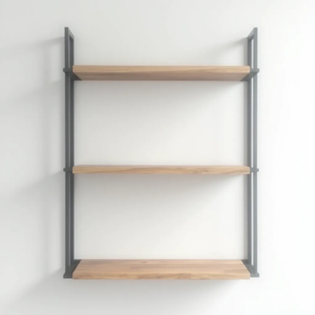 Industrial three-tier wall-mounted shelving unit with steel frame and natural pine shelves